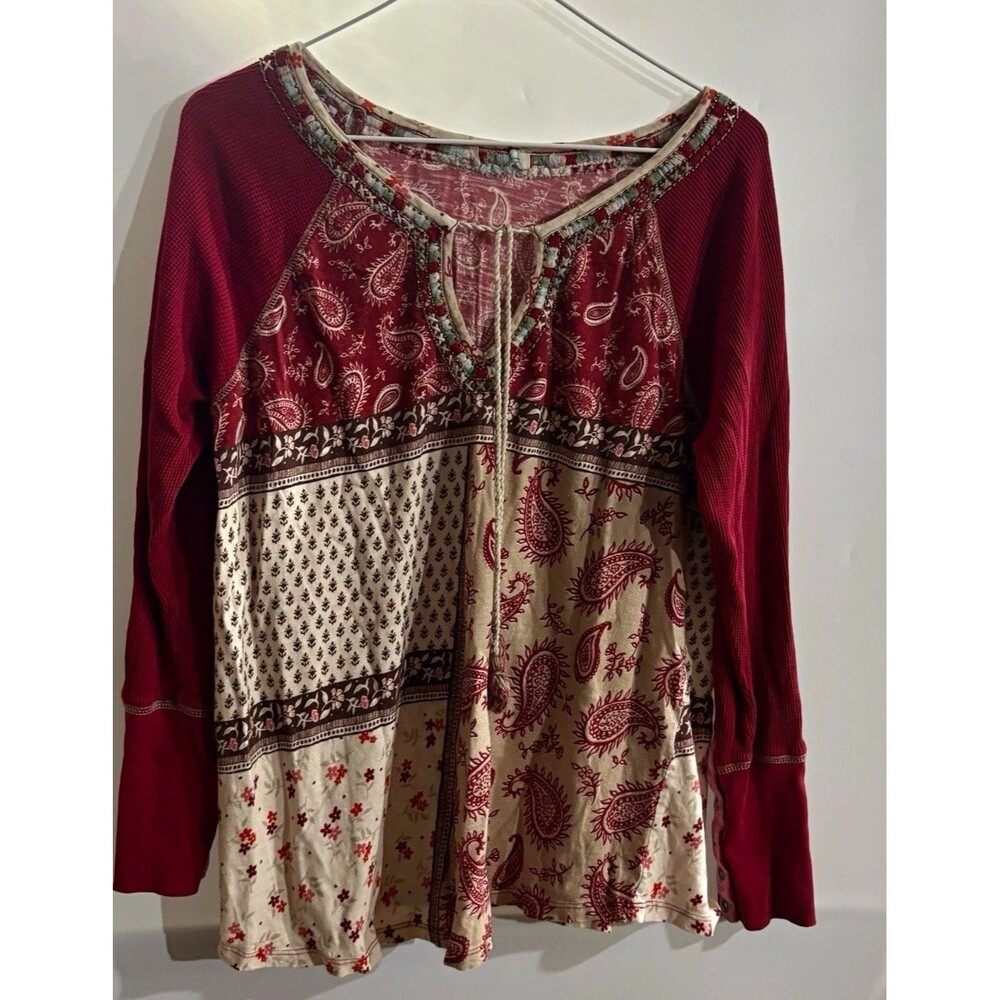 Sundance Women’s Top M Red/Beige Paisley Scoop Neck Raglan Long Sleeve Knit